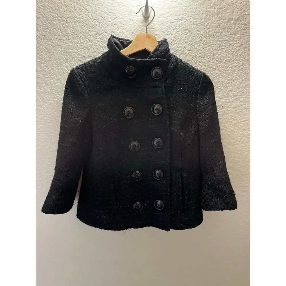 GUESS Black Cropped Tweed Peacoat Double Breasted Wool Blend M Y2K Sparkly - Picture 2 of 8